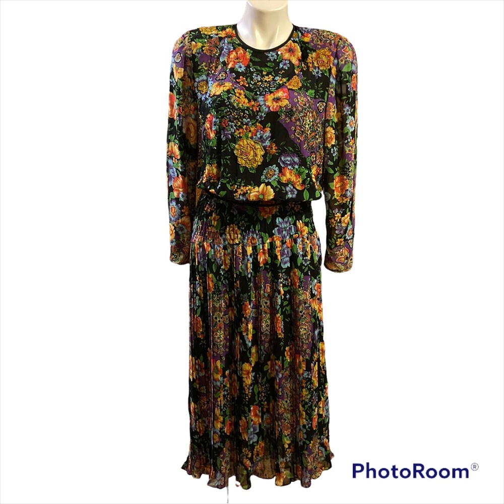 DIANE FREIS Vintage 80s colorful floral beaded dress - Picture 1 of 11